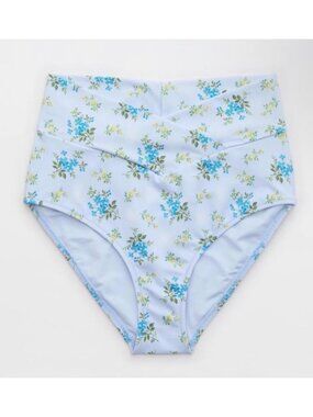 AERIE High Waist Full Coverage Bikini Bottoms Sz M Light Blue Floral Crossover